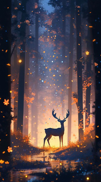 Mystical Forest Night Wallpaper - Aesthetic Ultra HD Background Image with Deer and Falling Leaves